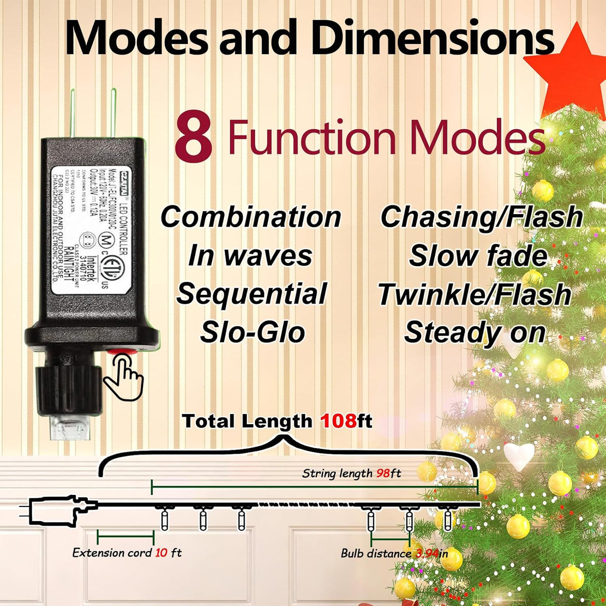 Red String Lights, Valentine Christmas Tree Decor, 300 LED