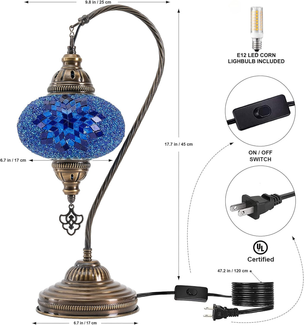 Turkish Mosaic Swan Neck Table Lamp, E12 Bulb Included, US Plug
