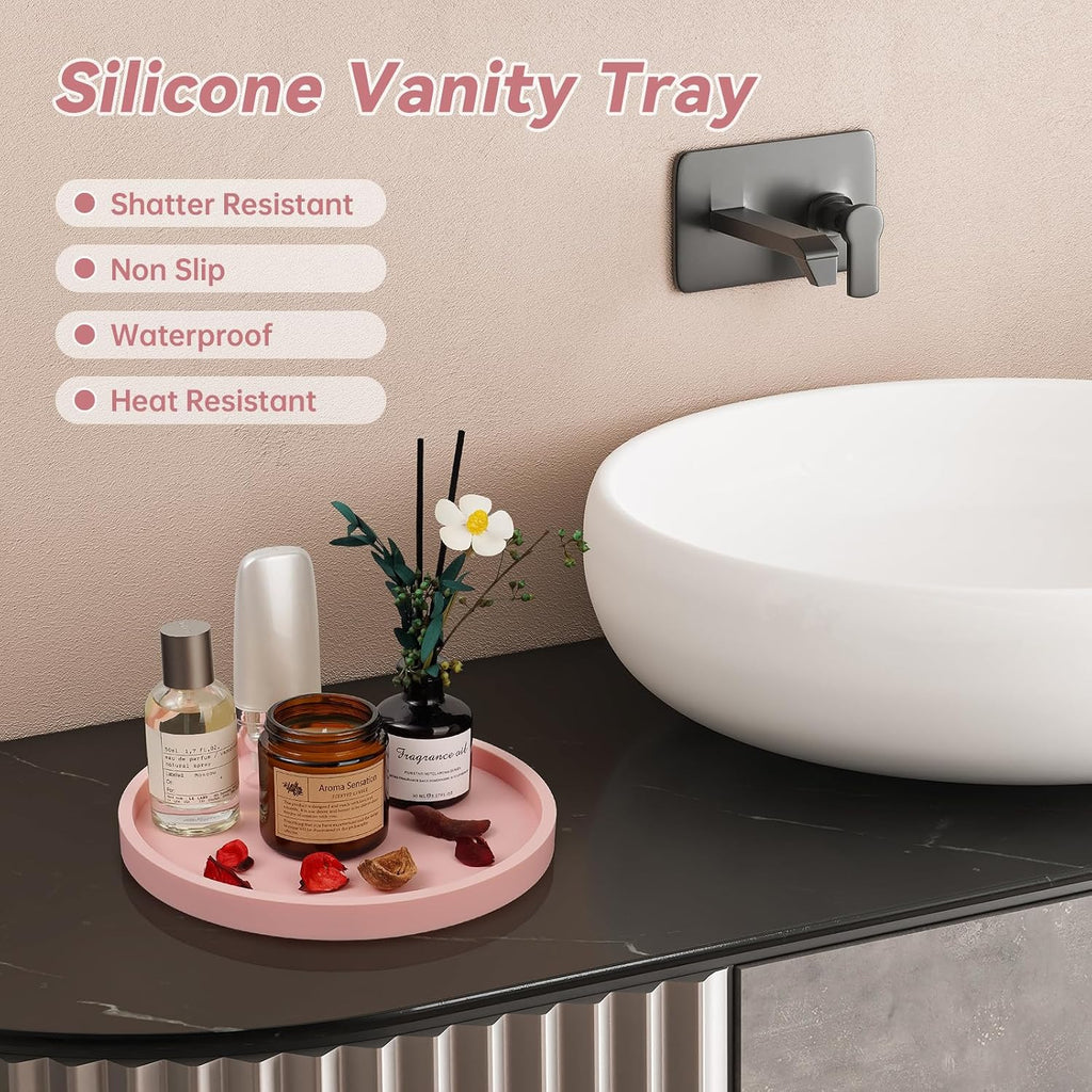 NiHome Silicone Bathroom Vanity Tray Round Perfume Organizer 8.35in Pink