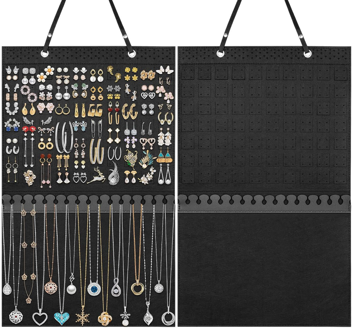 Caffox Hanging Jewelry Holder, Large Earrings Necklaces Organizer Storage for Earrings, Necklaces, Bracelets, Enamel Pins and Ankles, Jewelry Display Storage Hanger for Wall, Closet and Door
