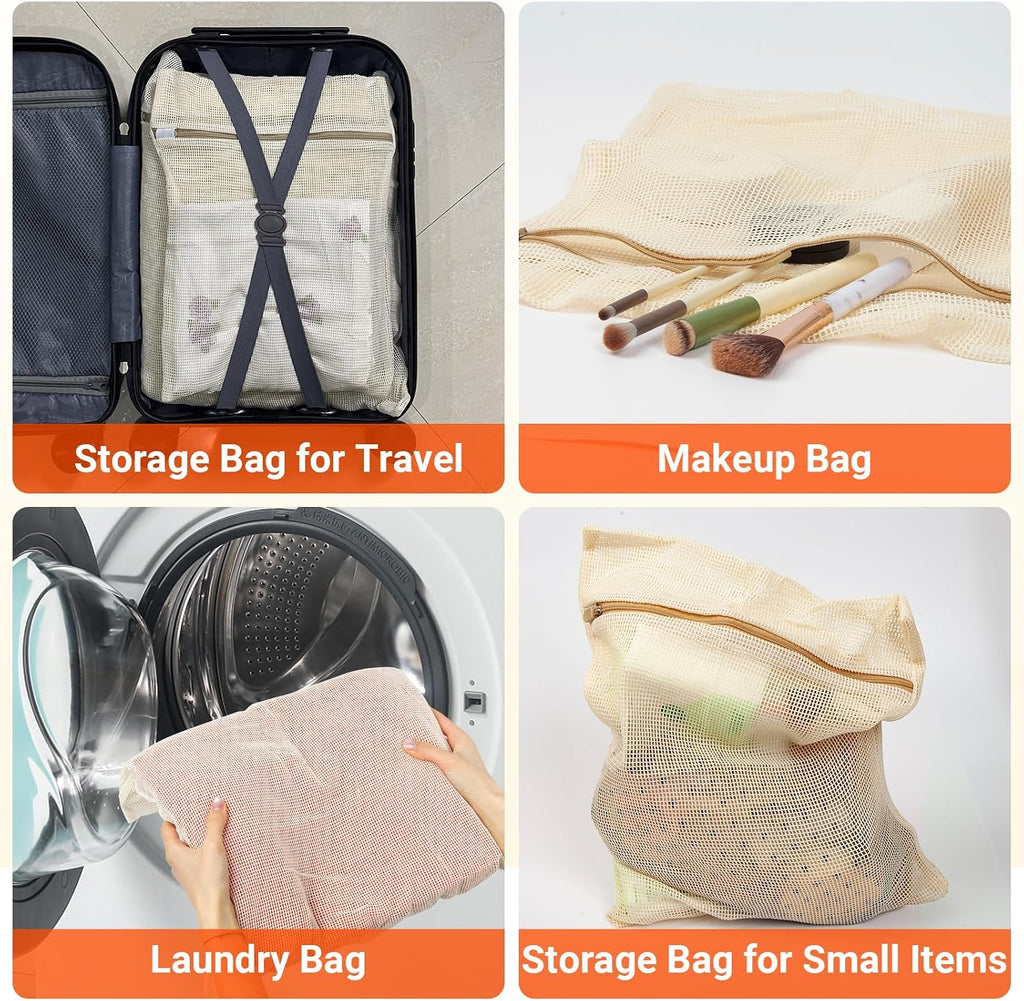 6 Pack 100% Cotton Mesh Laundry Bags for Delicates, Durable Mesh Wash Bags, Sturdy Zipper Laundry Bag for Underwear, Clothes, Shoes, Socks, (3 Large, 3 Medium)