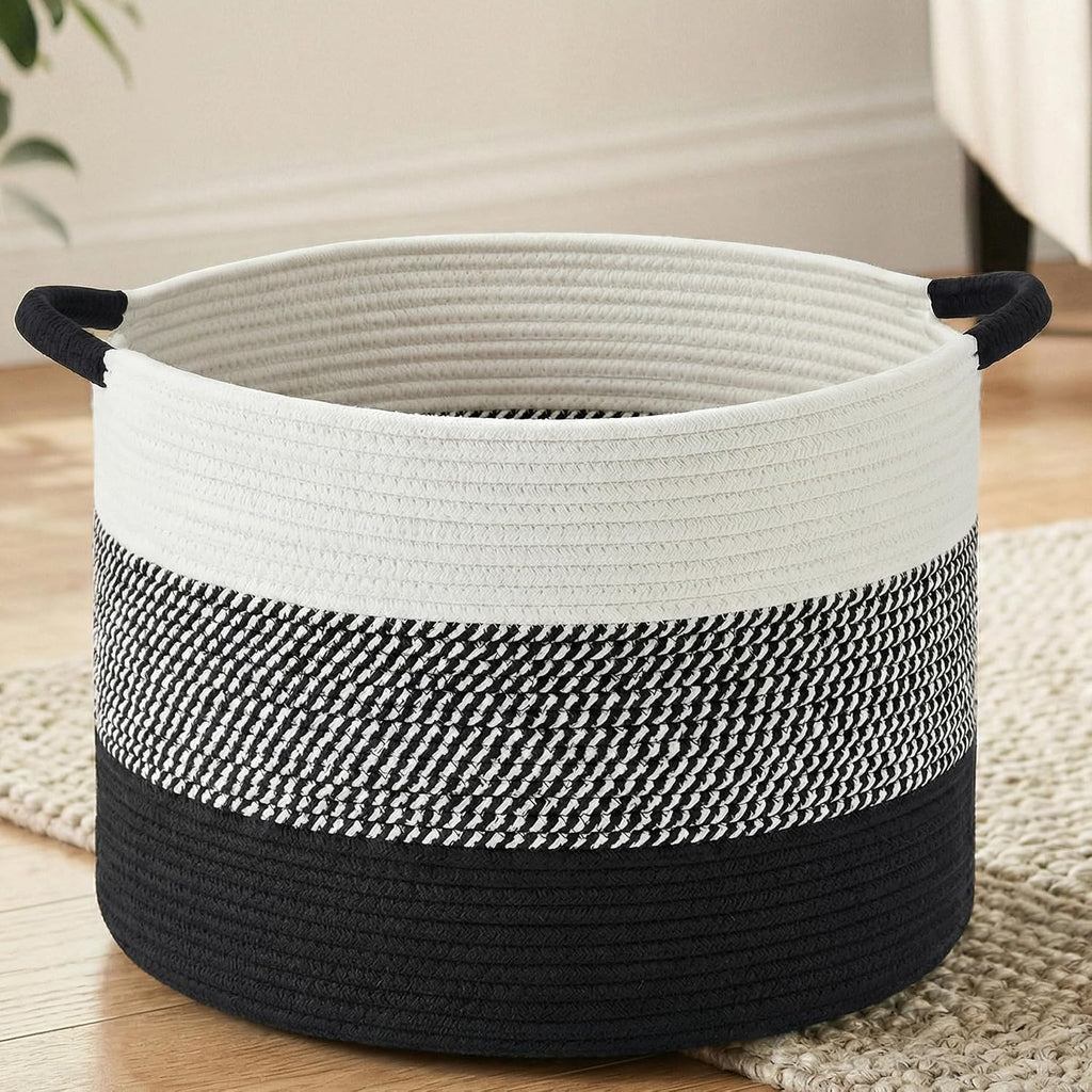 Artfeel 70L Large Cotton Rope Basket, Decorative Woven Blanket Storage for Living Room, Boho Toy Storage & Toy Box for Kids, Versatile Laundry Basket & Nursery Hamper for Blankets(Black)
