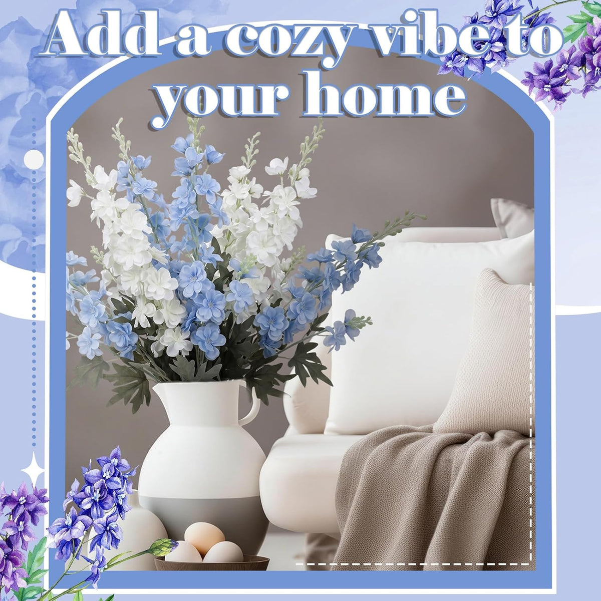 Thiccywoov 24 Pcs Blue, White Delphinium Artificial Flower Bulk, 34.25"