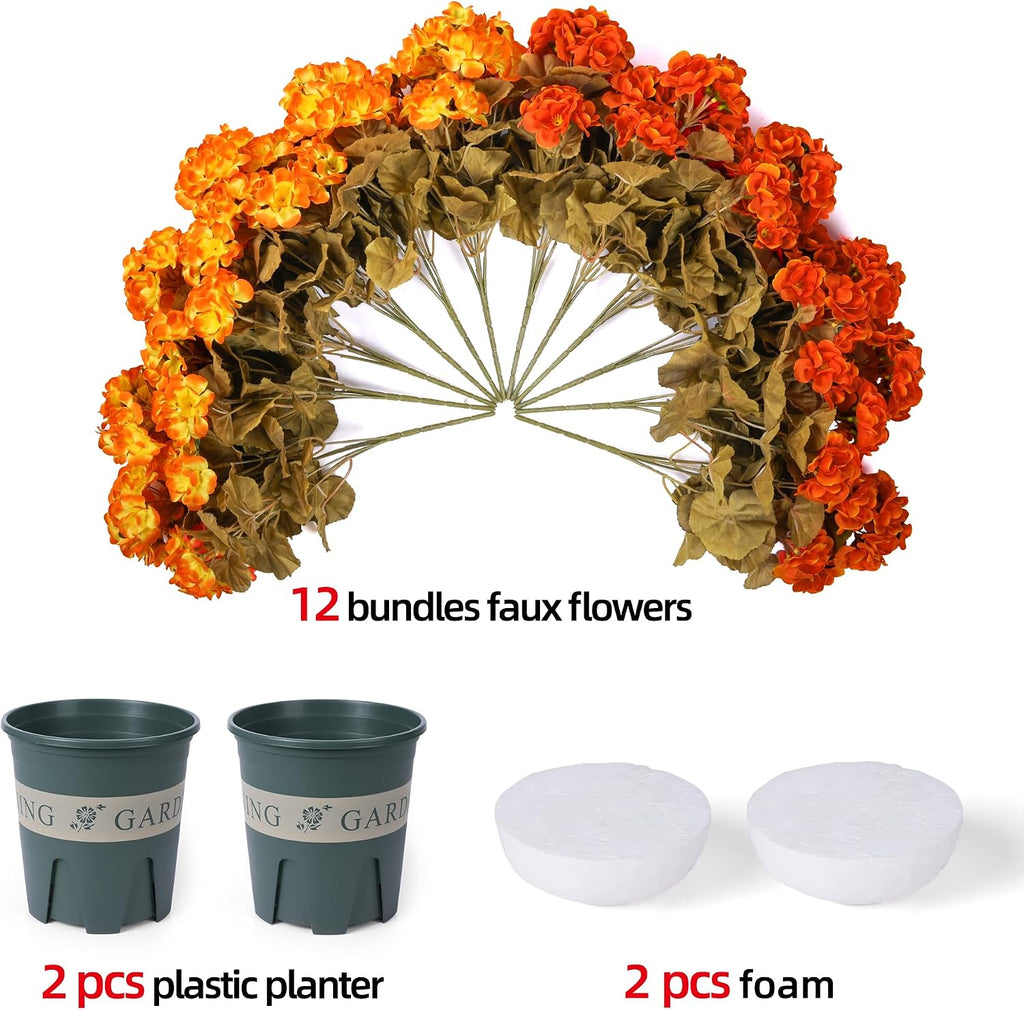 Geraniums Fall Flowers Artificial Flowers for Outdoors Autumn Decor, 2 Pack Potted Plants Faux Geraniums Bush Realistic UV Resistant Fake Flowers Greenery for Front Door Porch Patio Yard Indoor, Mix