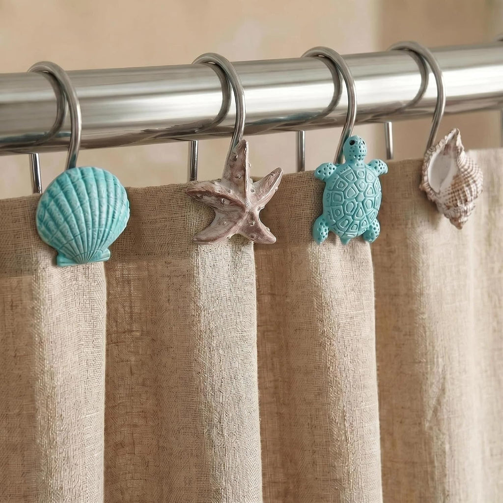 Seashell Sea Turtle Starfish Conch Decorative Shower Curtain Hooks, 12Pcs