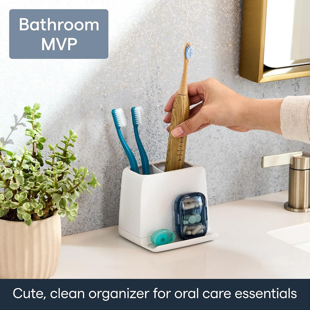 YouCopia The Ledge Toothbrush Holder, 2-Slot, Bathroom Vanity Counter Organizer with Cord Slots, Removable Base and Storage for Phones, Toothpaste and Accessories
