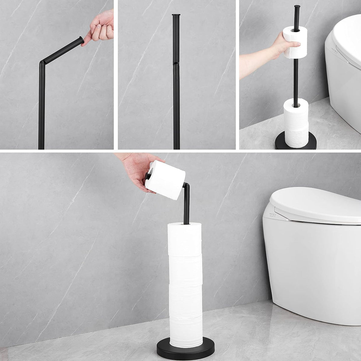 Foldable Toilet Paper Dispenser SUS304 Stainless Steel Free Standing Toilet Paper Holder Stand Modern Floor Bathroom Storage Freestanding 4 Rolls of Toilet Tissue Stand (Matte Black Finish)
