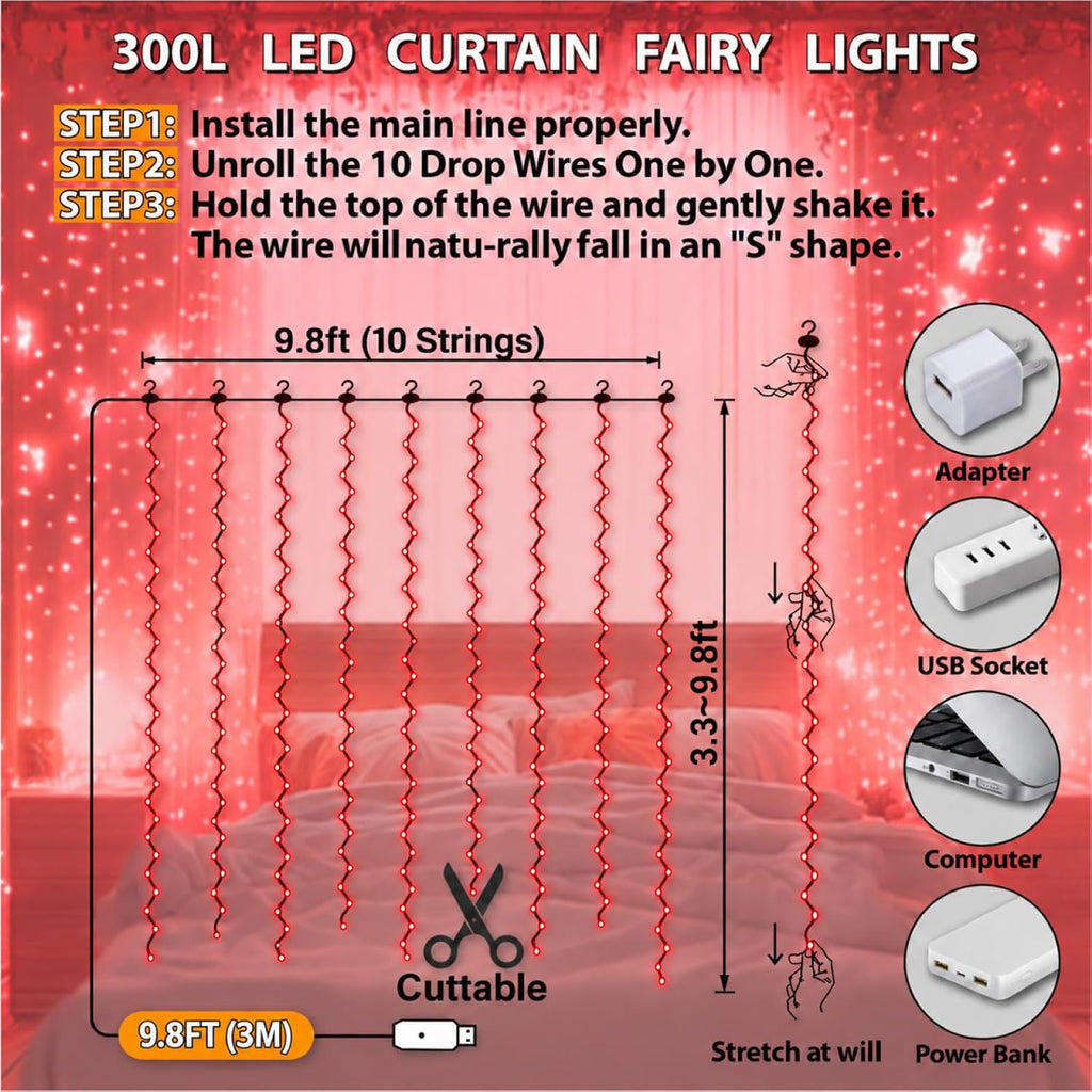 HXWEIYE 300LED Fairy Curtain Lights, 9.8x9.8Ft USB, Remote, 8 Modes & Timer