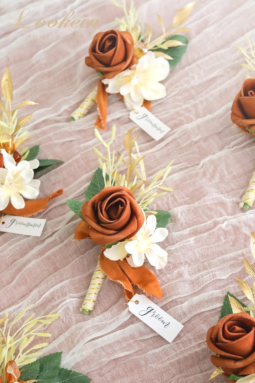 Lookein Set of 2 Terracotta Wedding Boutonniere for Men Artificial Flowers Wedding Groom Groomsmen Boutonniere for Wedding Ceremony Anniversary Formal Dinner Party