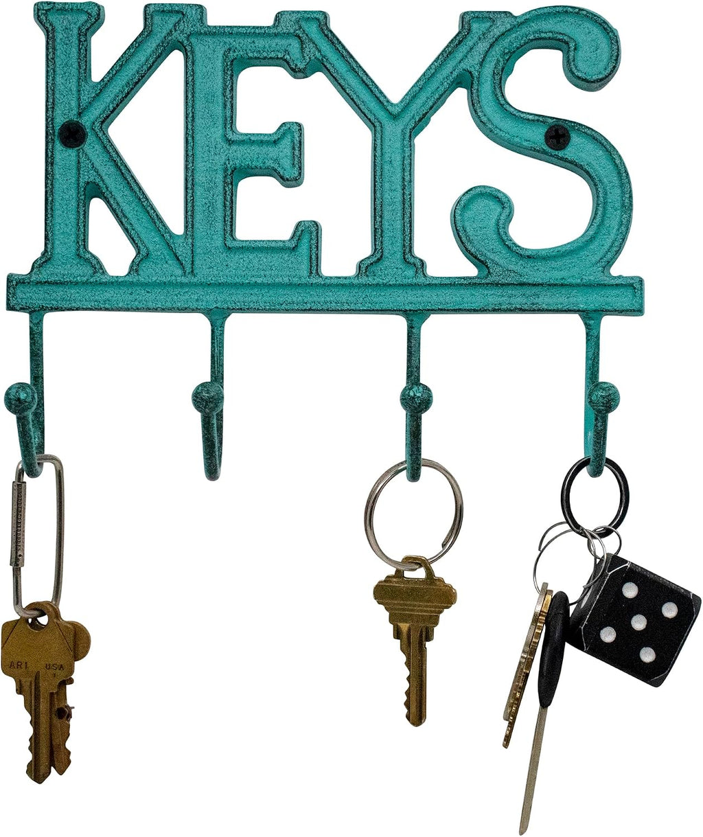 Stephanie Imports Rustic Cast Iron Keys Holder with 4 Key Hooks for Wall Mount (Weathered Teal)