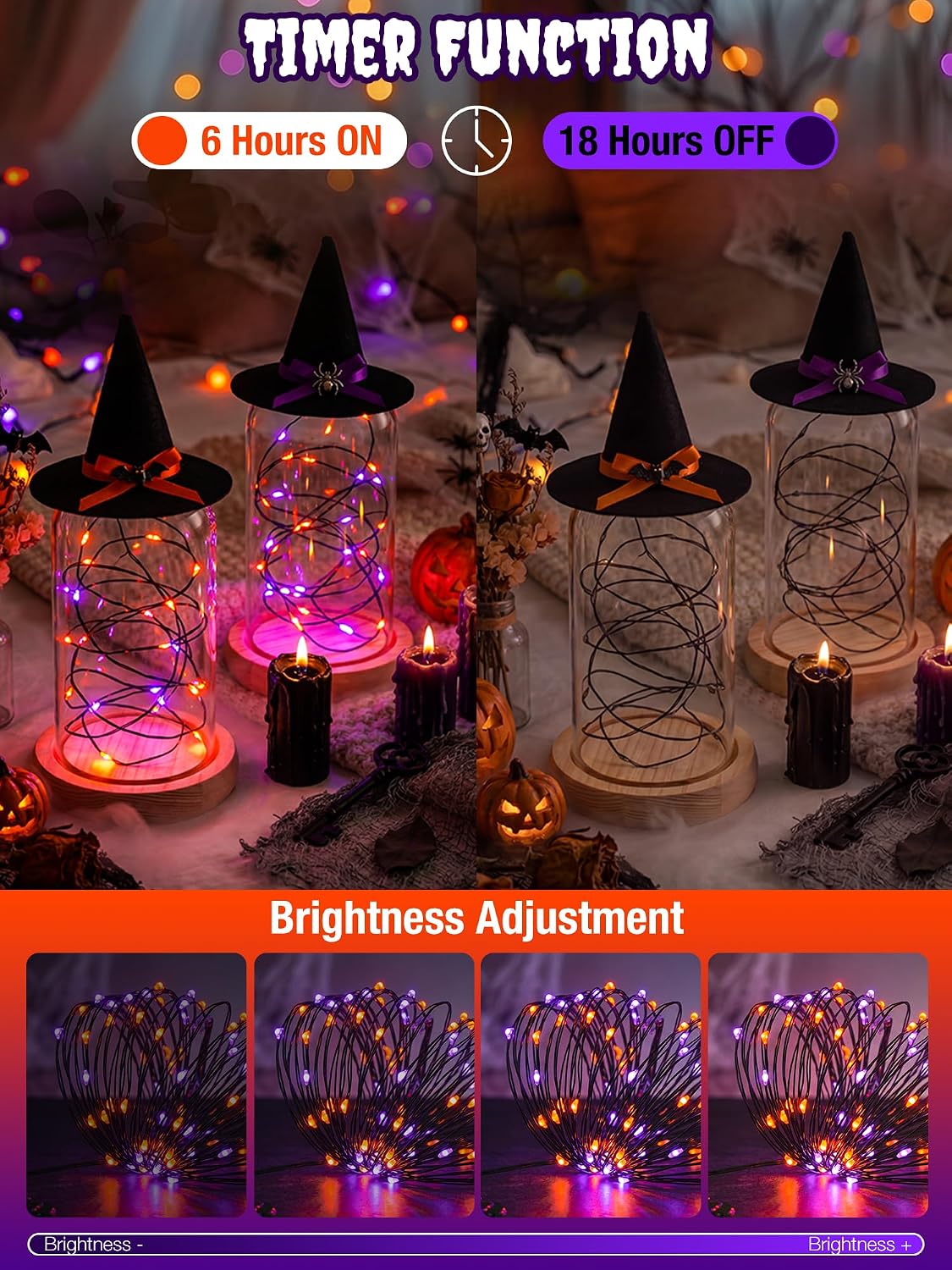 btfarm 2 Pack Halloween Fairy Lights Battery Operated Timer, Orange Purple