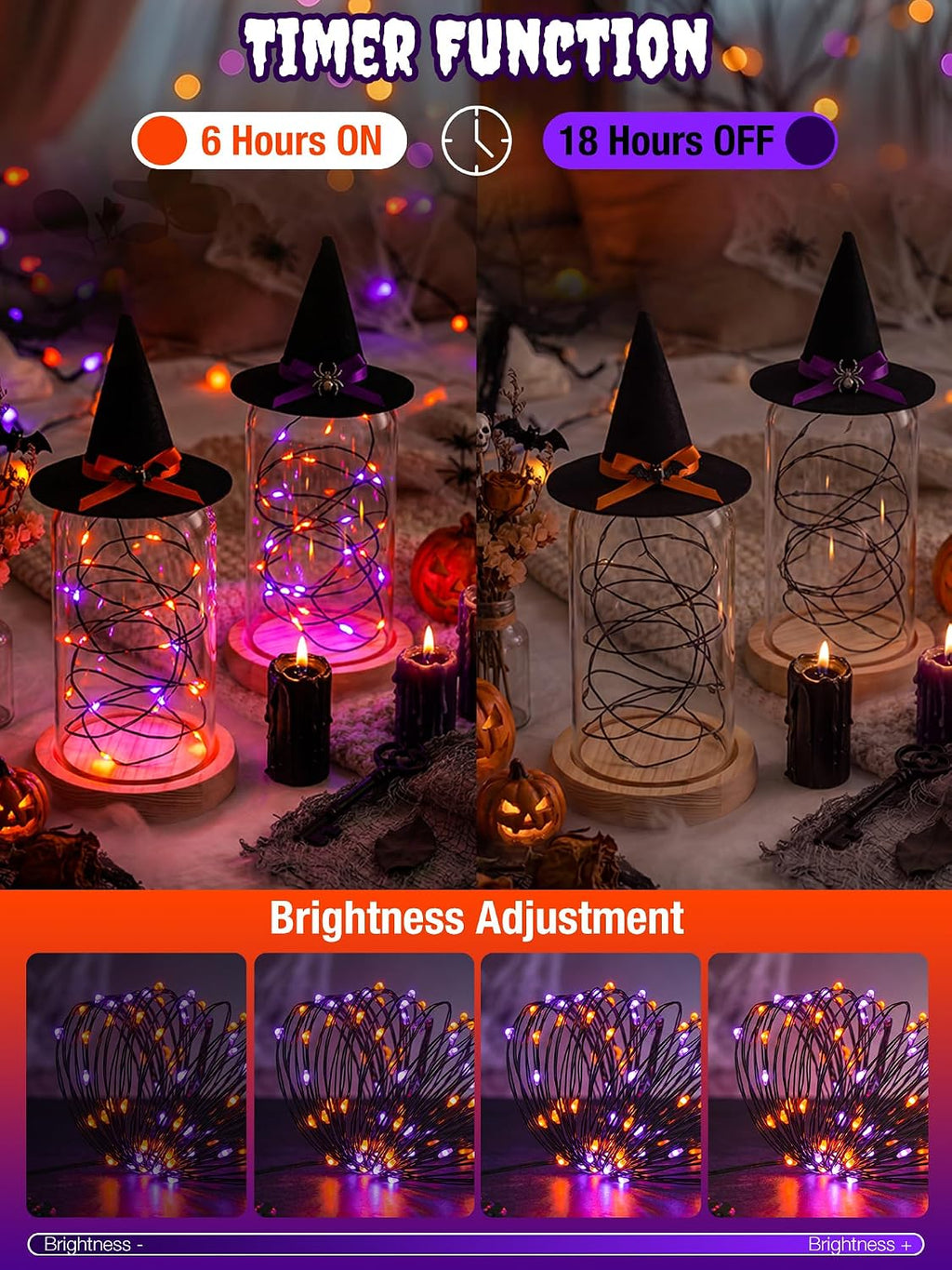 btfarm 4 Pack Halloween Fairy Lights Battery Operated Timer, Orange Purple