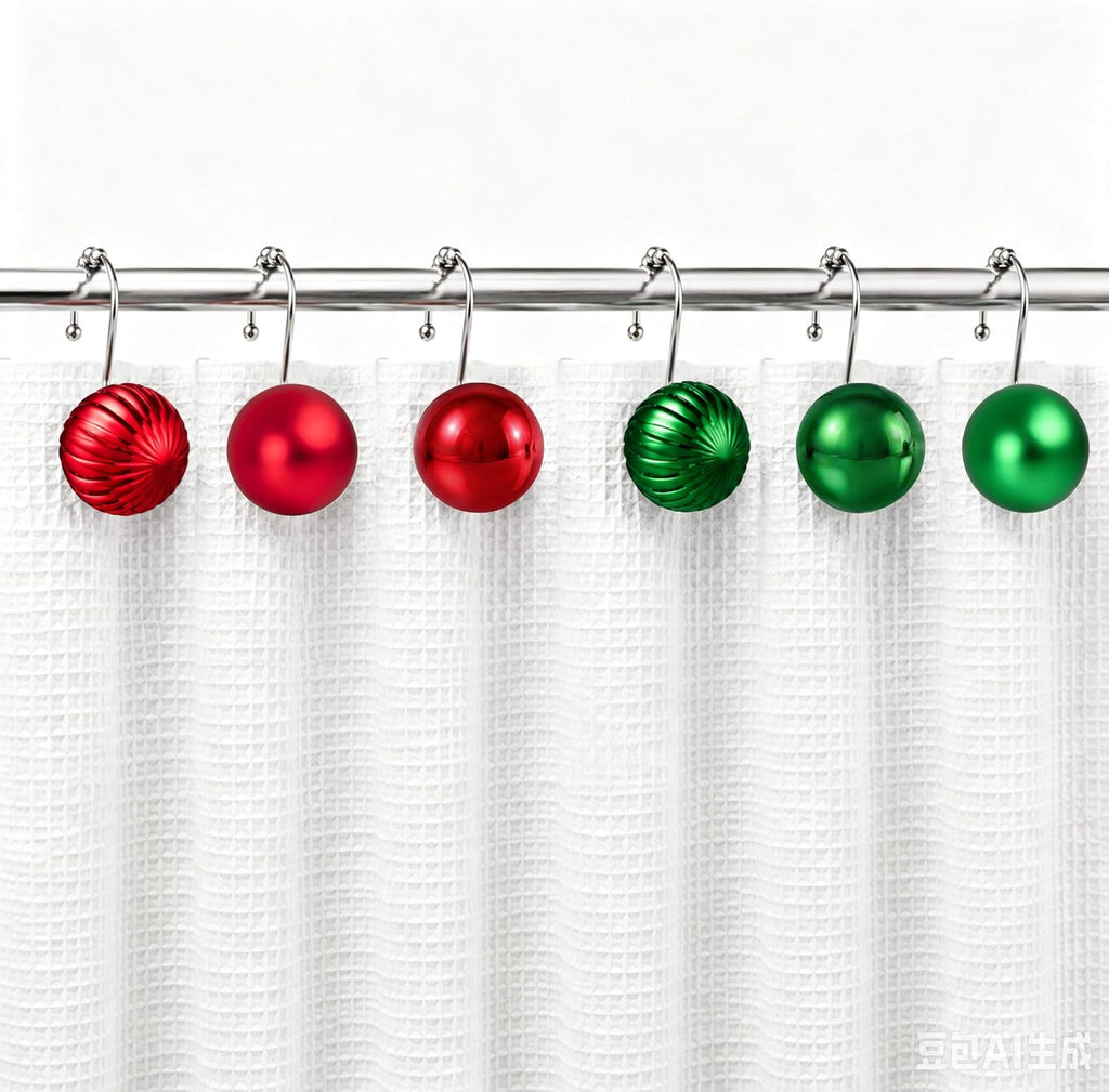 Sunlit Christmas Balls Decorative Shower Curtain Hooks, Shower Curtain Rings with Roller Balls, Xmas Theme Winter Holiday Bathroom Decoration, Set of 12, Red and Green