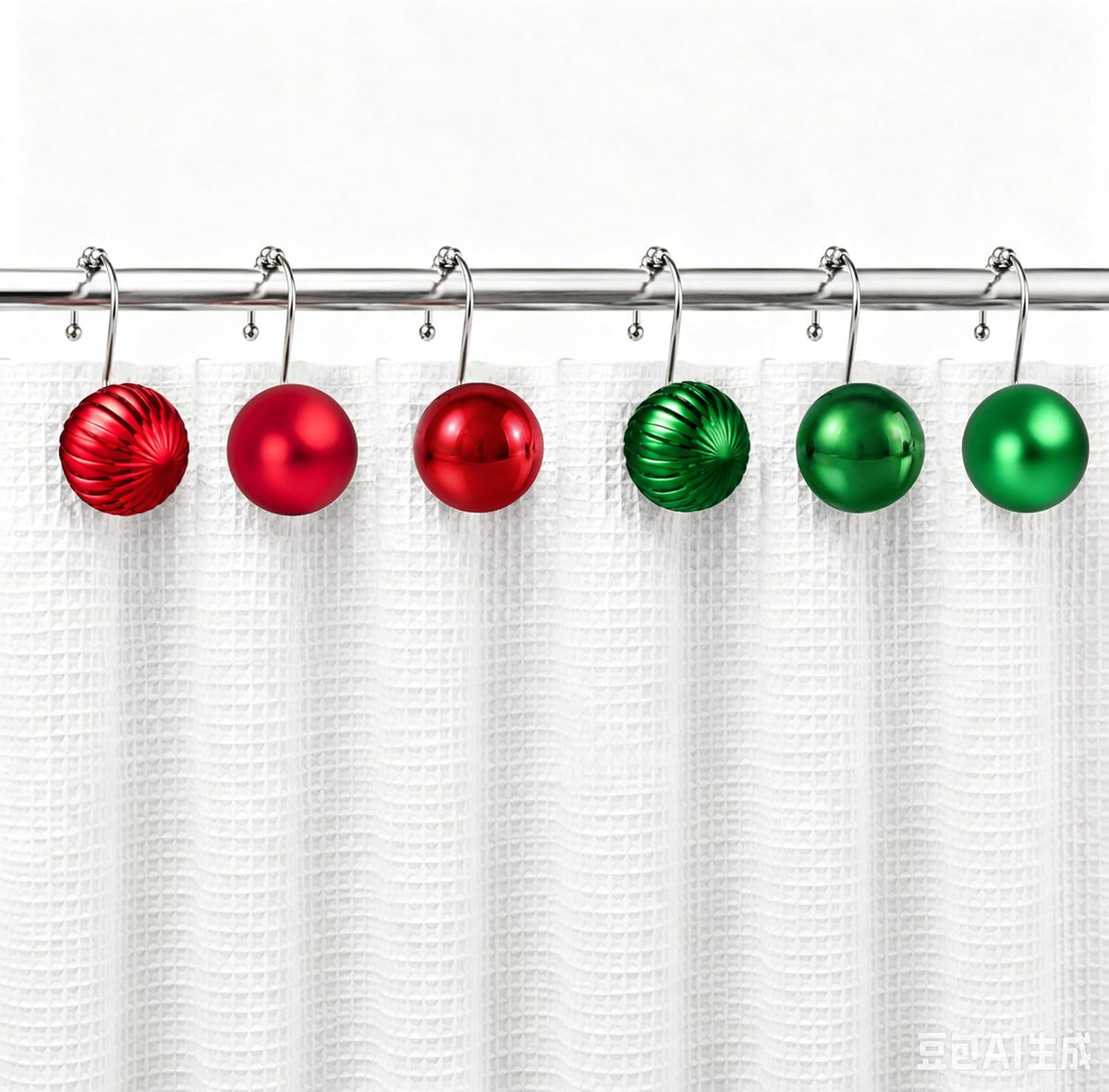 Sunlit Christmas Balls Decorative Shower Curtain Hooks, Shower Curtain Rings with Roller Balls, Xmas Theme Winter Holiday Bathroom Decoration, Set of 12, Red and Green