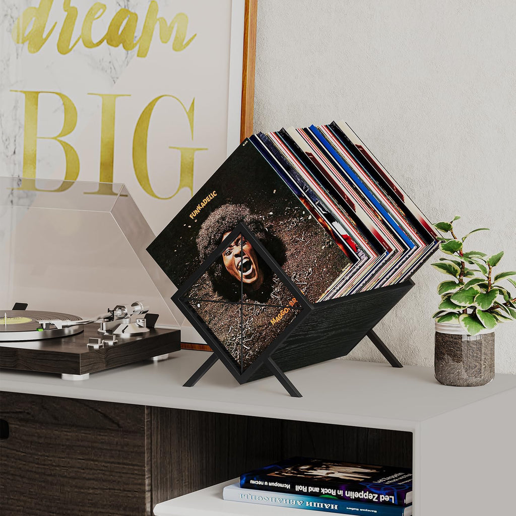 YINMIT Vinyl Record Holder - 80-100 LP Vinyl Record Storage Rack, Quick Assembly Display, Retro Style Organizer for Magazine, Book, Files, Albums (Black, 1 Tier)