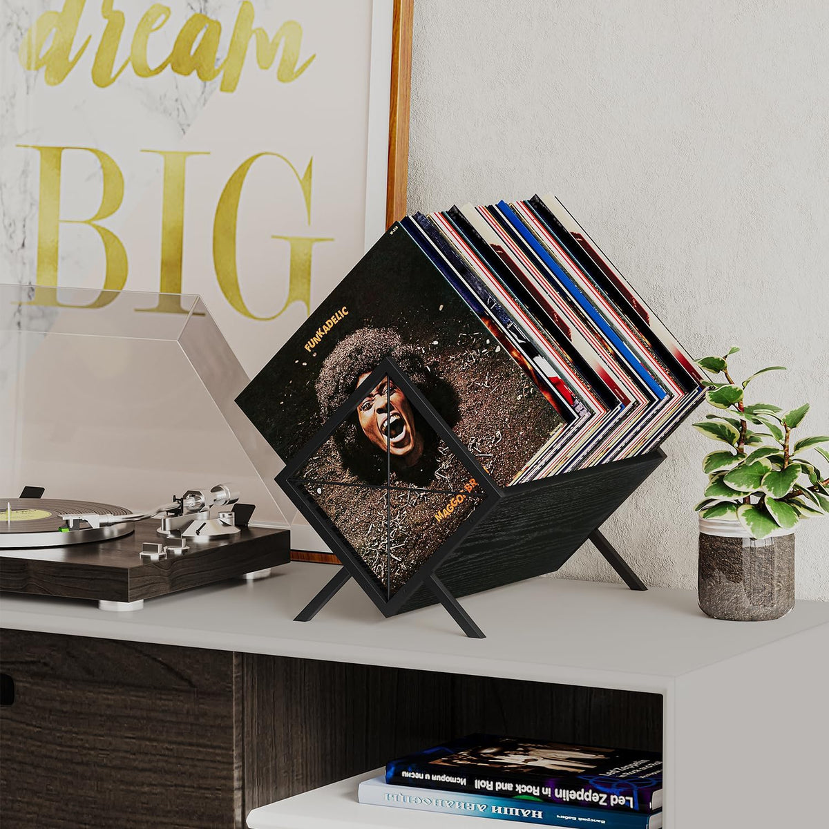 YINMIT Vinyl Record Holder - 80-100 LP Vinyl Record Storage Rack, Quick Assembly Display, Retro Style Organizer for Magazine, Book, Files, Albums (Black, 1 Tier)