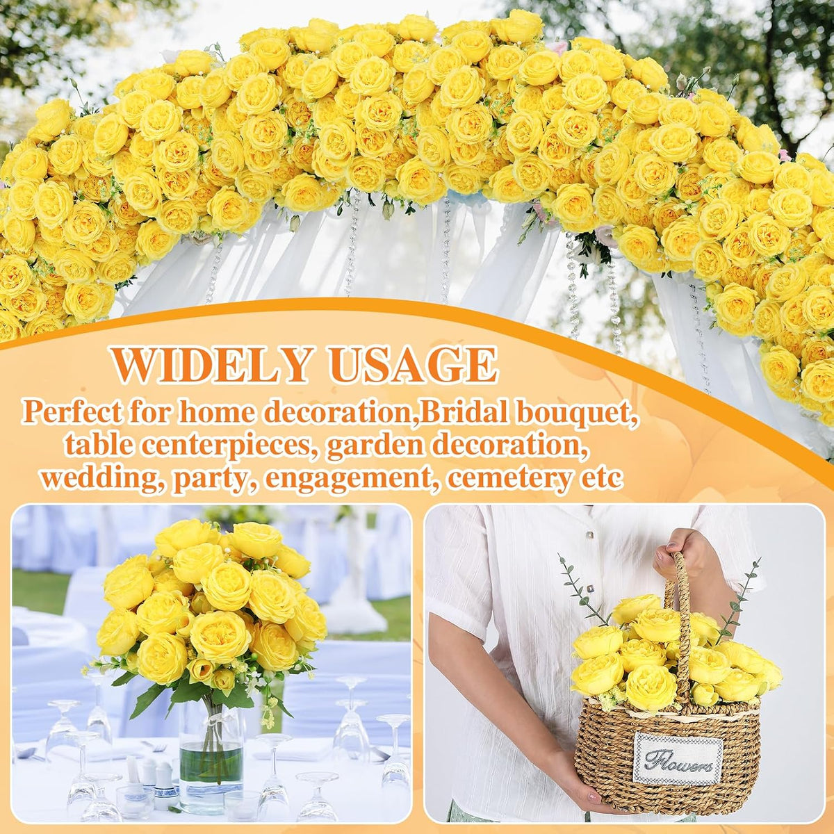 16 Pack Yellow Peonies Artificial Flowers, Fake Silk Hydrangea Bouquet for Bridal Wedding Home Table Decor Reusable Dining Opening Ceremony Birthday Arrangement Faux Floral