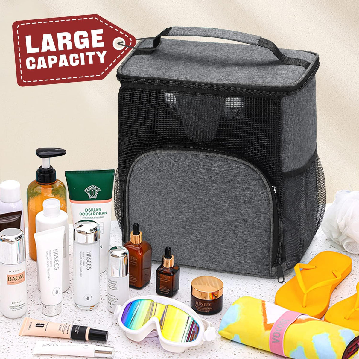 EIMMBD Hanging Shower Bag, Shower Caddy Portable Larger Capacity, Upgraded Toiletry Shower Tote for Gym Travel Camping, College Dorm Room Essentials (A Grey)