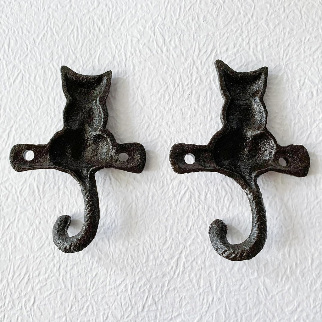 Rustic Cat-Shaped Decorative Wall Hook Rack Hangers for Hanging Clothes, Coats, Towels, Keys, and Hats, 2 Pack Antique Cast Iron Mounted Wall Hooks