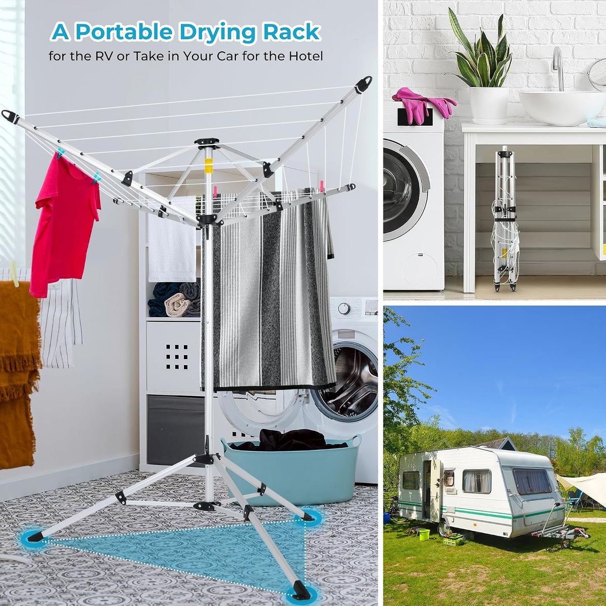 JS HANGER Drying Natural Clothes Airer Outdoor Portable 4-arm Aluminum Drying Rack w/Ground Stake, Carry Bag, 28-Lines with 65 ft. Umbrella Clothesline