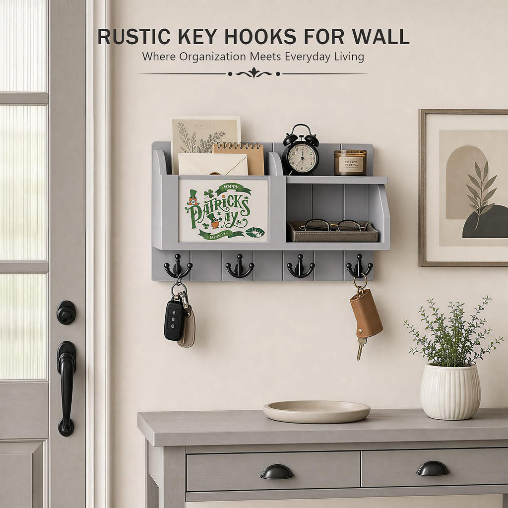 Rebee Vision Key Holder Wall Mount with Mail Organizer for Entryway, Gray