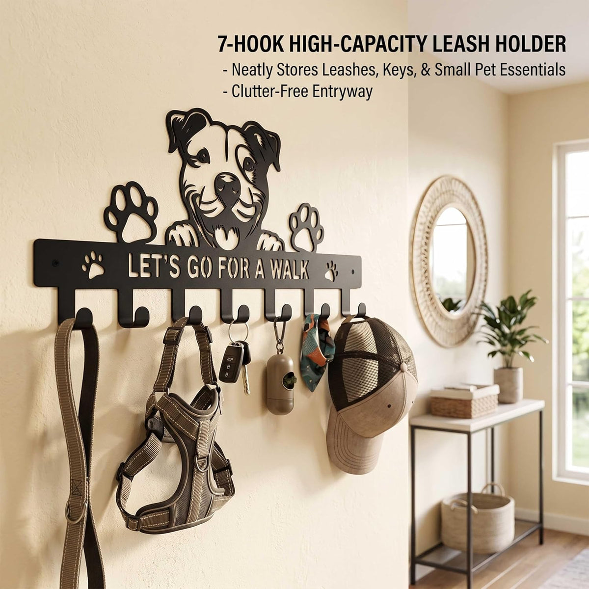 Metal 7‑Hook Pitbull Wall Dog Leash Holder, Pit Bull Dog Wall Art