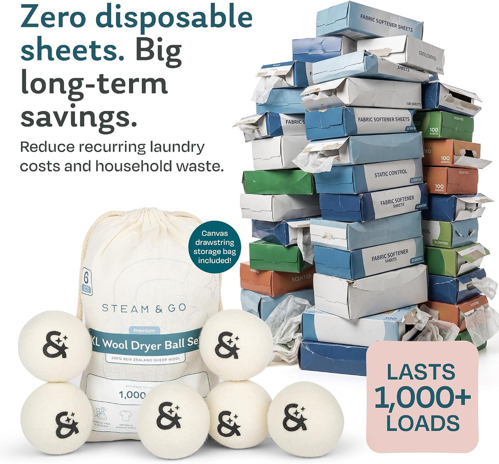 Steam & Go XL Wool Dryer Balls Set, 6 Premium 100% New Zealand Wool Laundry Dryer Balls, Natural Fabric Softener, Reusable Dryer Sheet Alternative, Reduces Static & Drying Time
