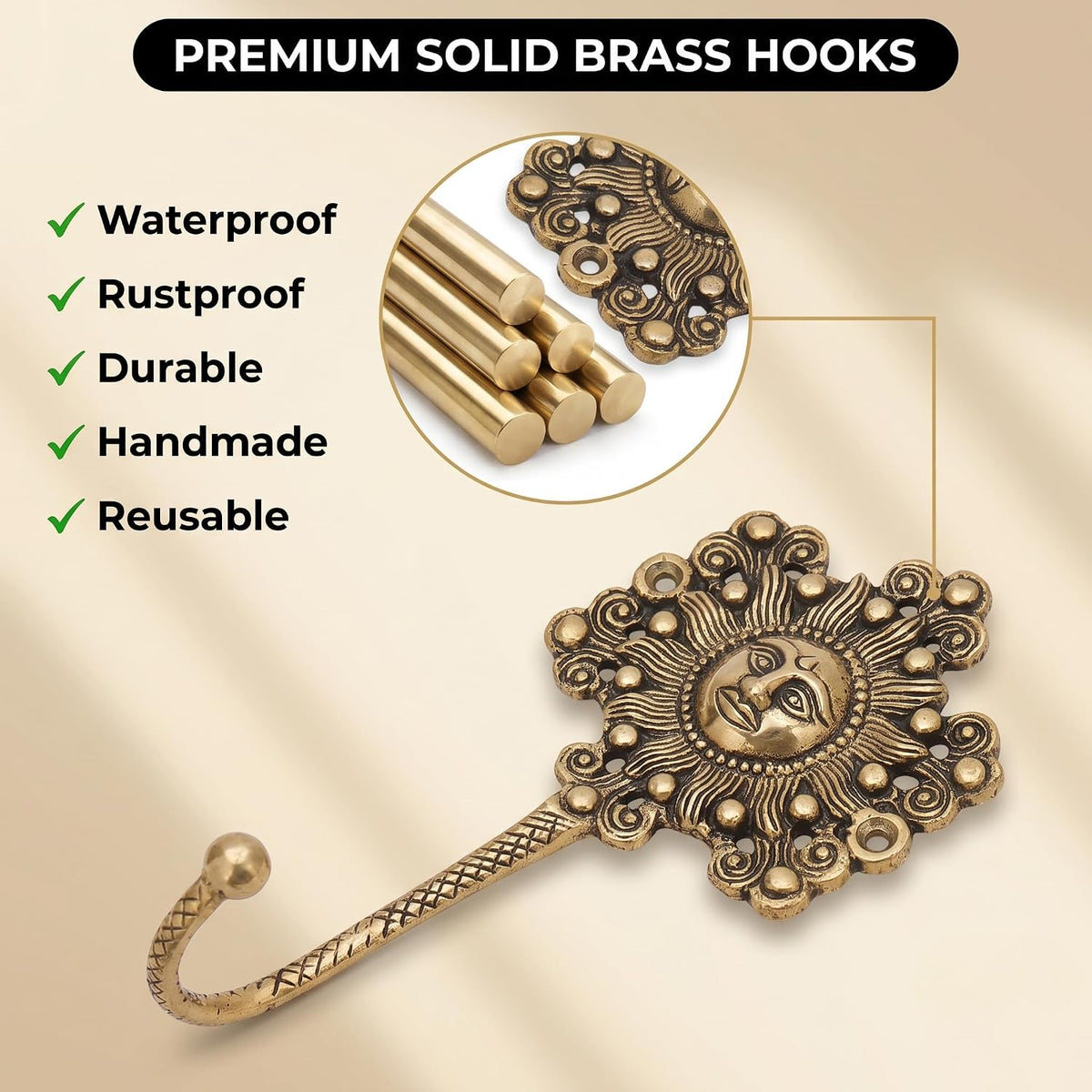IndianShelf 3 Brass Sunflower Wall Hooks Vintage Gold Coat Key Towel Hanger
