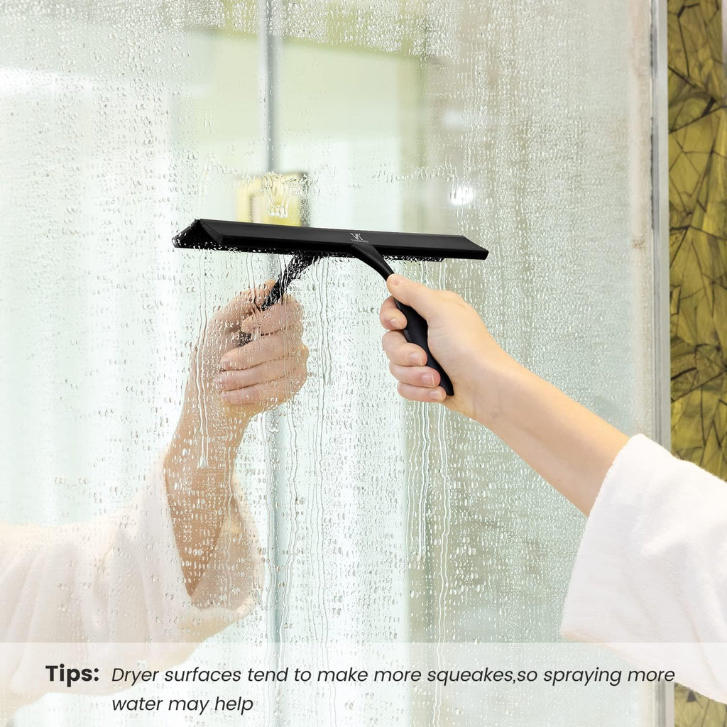 Squeegee for Shower Glass Door, 11-Inch Shower Squeegee for Glass Doors, Bathroom Silicone Squeegees Wiper for Shower with Non-Slip Handle, No-Drilling Silicone Hanging Hook, for Tiles, Mirror(Black)