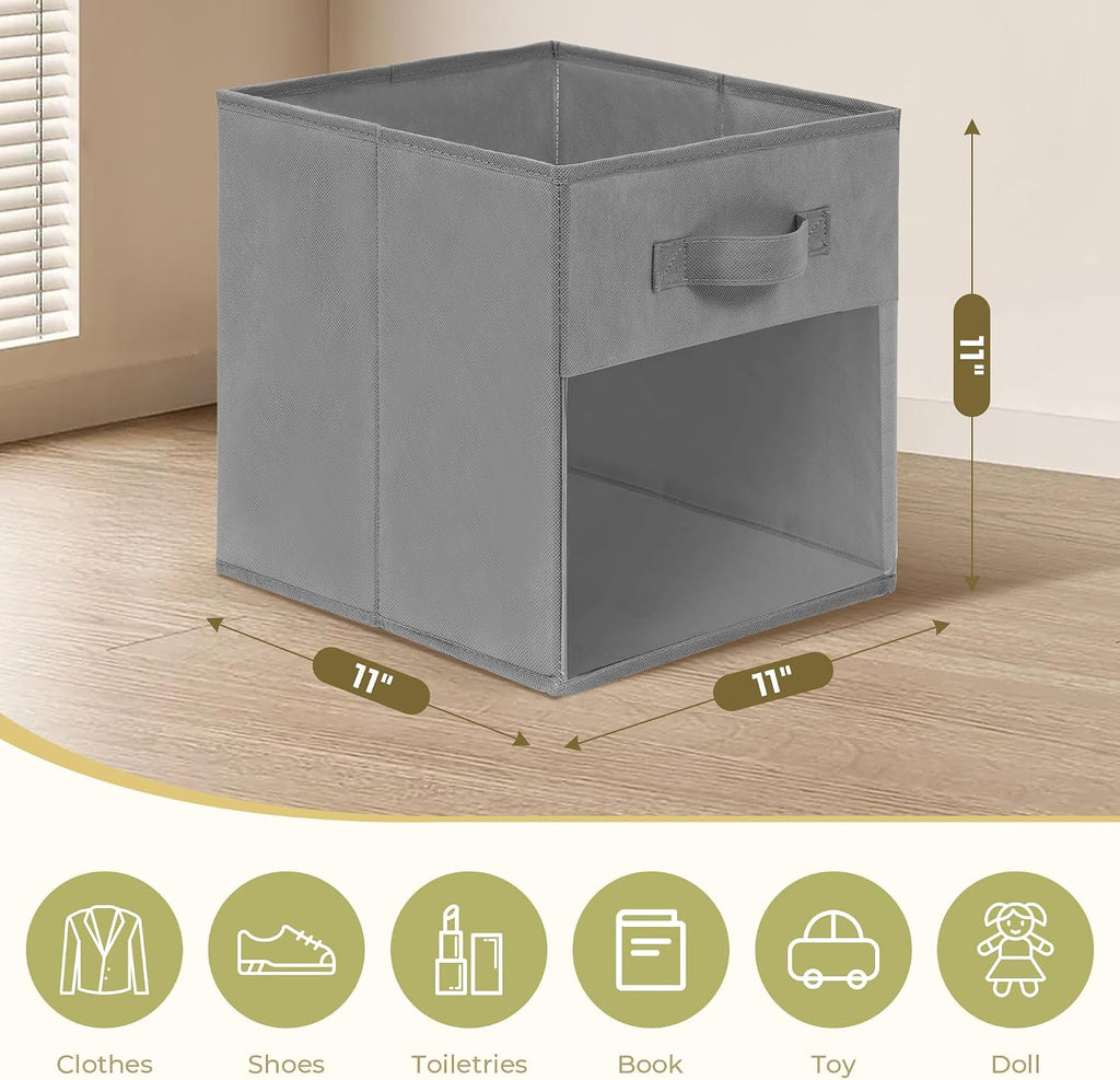Storage Bins with Clear Window, 11x11 Storage Cubes, Collapsible Cube Storage Box, Fabric Closet Organizers with Handles for Home, Office, Shelf, Closets, Living Room, Grey, 12 Pack