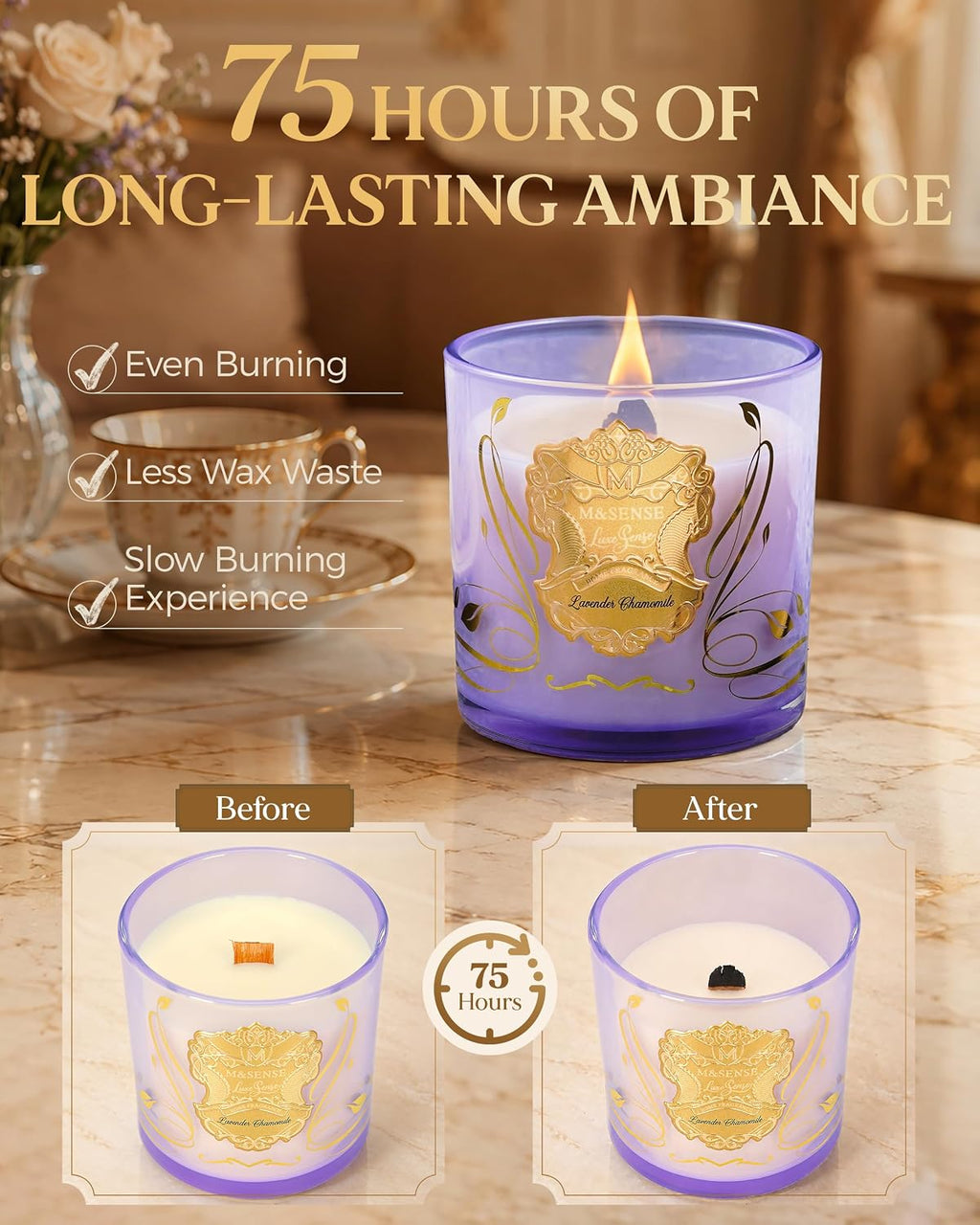 M&SENSE Lavender Chamomile Candle for Home Scented Crackling Wood Wick 13oz
