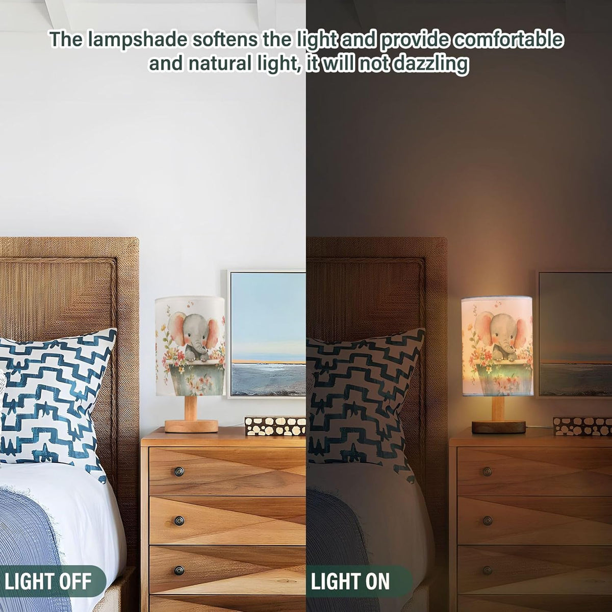 Cute Elephant Pink Floral in Tub Table Lamp with Wood Base Fabric Lamp Shade Bedside Nightstand Desk Lamp for Living Room Bedroom Kids Room Office