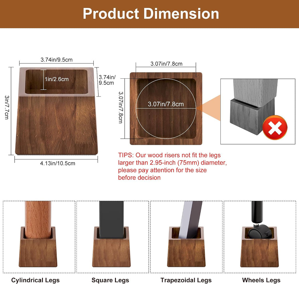 TQVAI Bed Risers Heavy Duty, Support 2200 lbs, 1-in Deep Anti-Fall Edge, 4 Pack Wooden Furniture Bed Lifts Risers with Non-Slip Pads for King Queen Twin Full Size Frame, Retro Brown, 3" H(Inner 2" H)