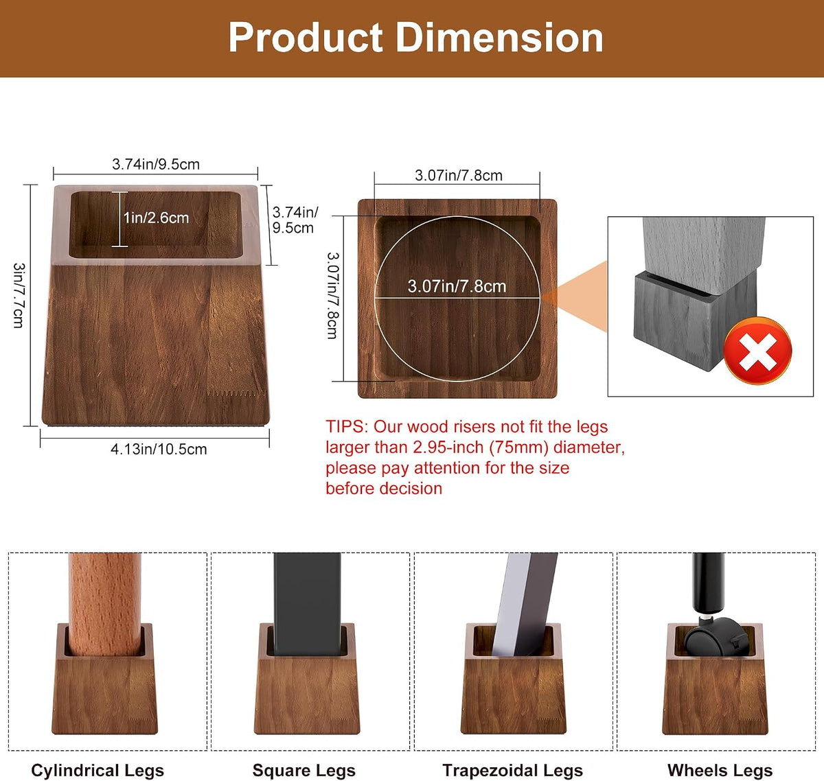 TQVAI Bed Risers Heavy Duty, Support 2200 lbs, 1-in Deep Anti-Fall Edge, 4 Pack Wooden Furniture Bed Lifts Risers with Non-Slip Pads for King Queen Twin Full Size Frame, Retro Brown, 3" H(Inner 2" H)