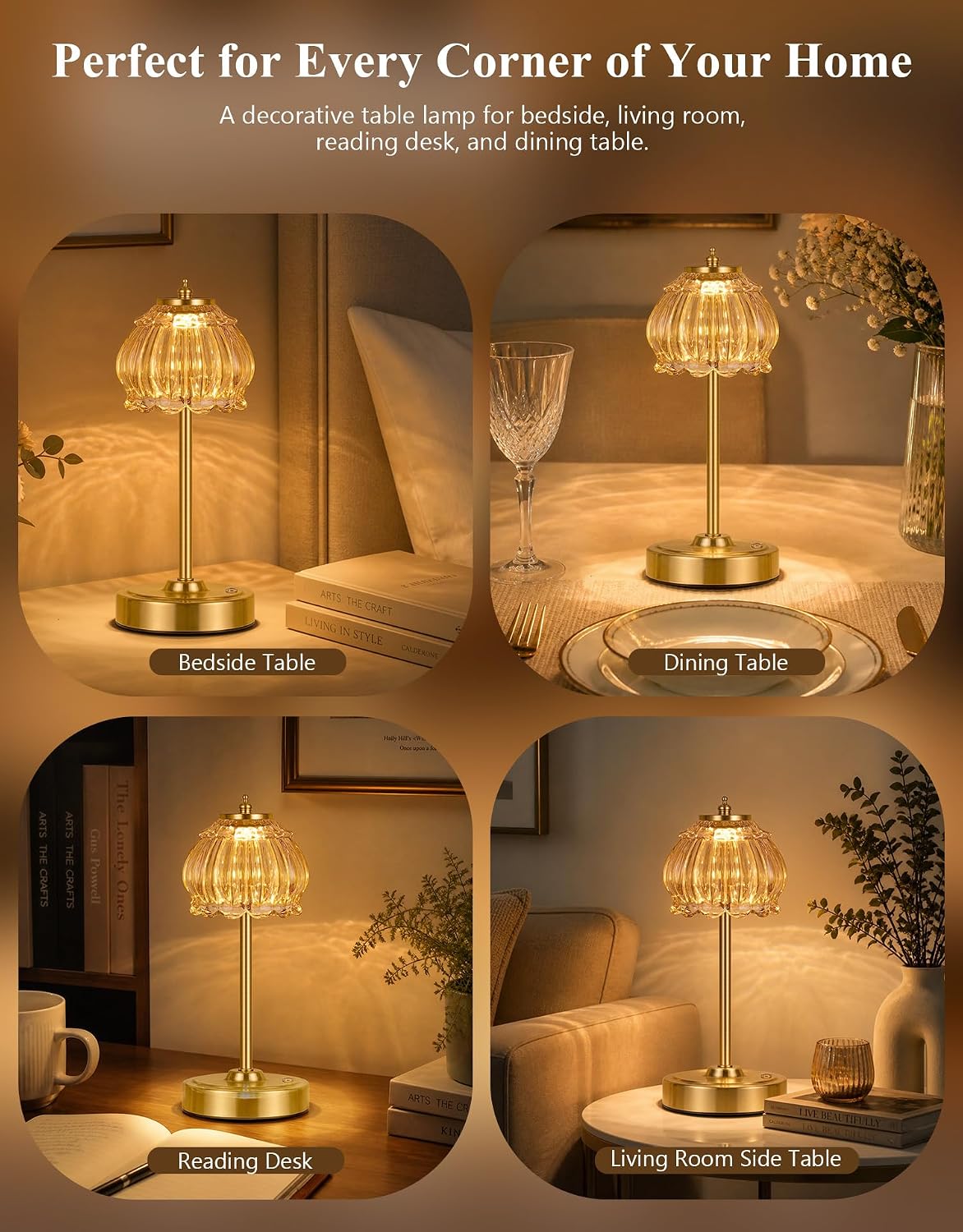 ROTTOGOON Cordless Table Lamp, Glass Rechargeable Battery Operated Lamp, 3-Way Stepless Dimming Touch Lamps, Small Glass Bedside Nightstand Light for Bedroom Dining Table Living Room