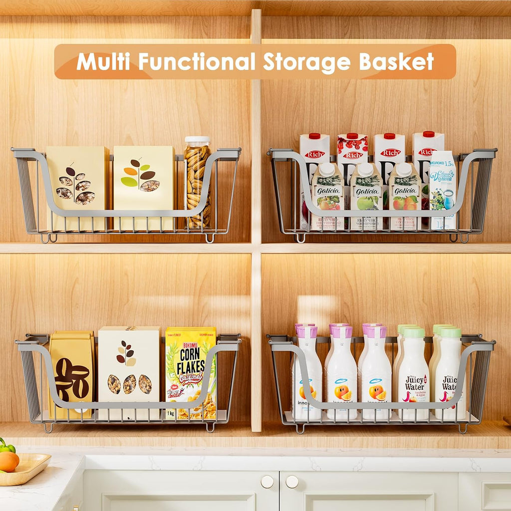 4 Pcs Stackable Wire Baskets for Pantry Organizers and Storage, Gray