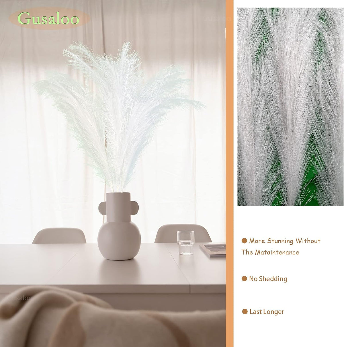 Artificial Faux Pampas Grass Large, 47"/120cm Bundle of 3 Fake Artificial Pampas Grass Tall Fluffy Stems, Floor Vase Filler for Living Room Kitchen Decor Boho Decor Wedding - White