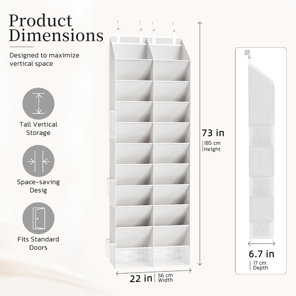 Criusia Over the Door Shoe Organizer, 20-30 Pairs Heavy-Duty Hanging Shoe Storage with Large Pockets, 10-Tier Door Shoe Rack with 4 Hooks for Sneakers Sandals Heels Boots (White)