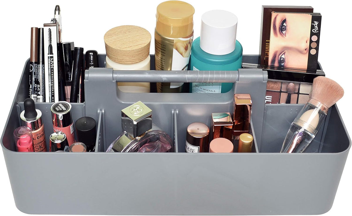 New Plastic Portable Makeup Organizer Caddy Tote Divided Basket Bin with Handle, for Bathroom Storage - Holds Blush Makeup Brushes, Made In USA (Orion Gray)