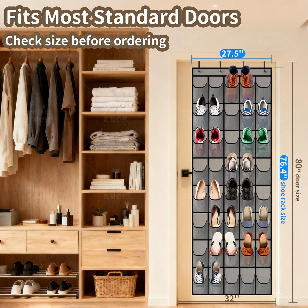 Over the Door Shoe Organizer with 40 Large Pockets, Multi-Purpose Storage for Shoe and Accessories, Durable Fabric with Adjustable Hooks for Home Closet Bedroom Entryway-Grey