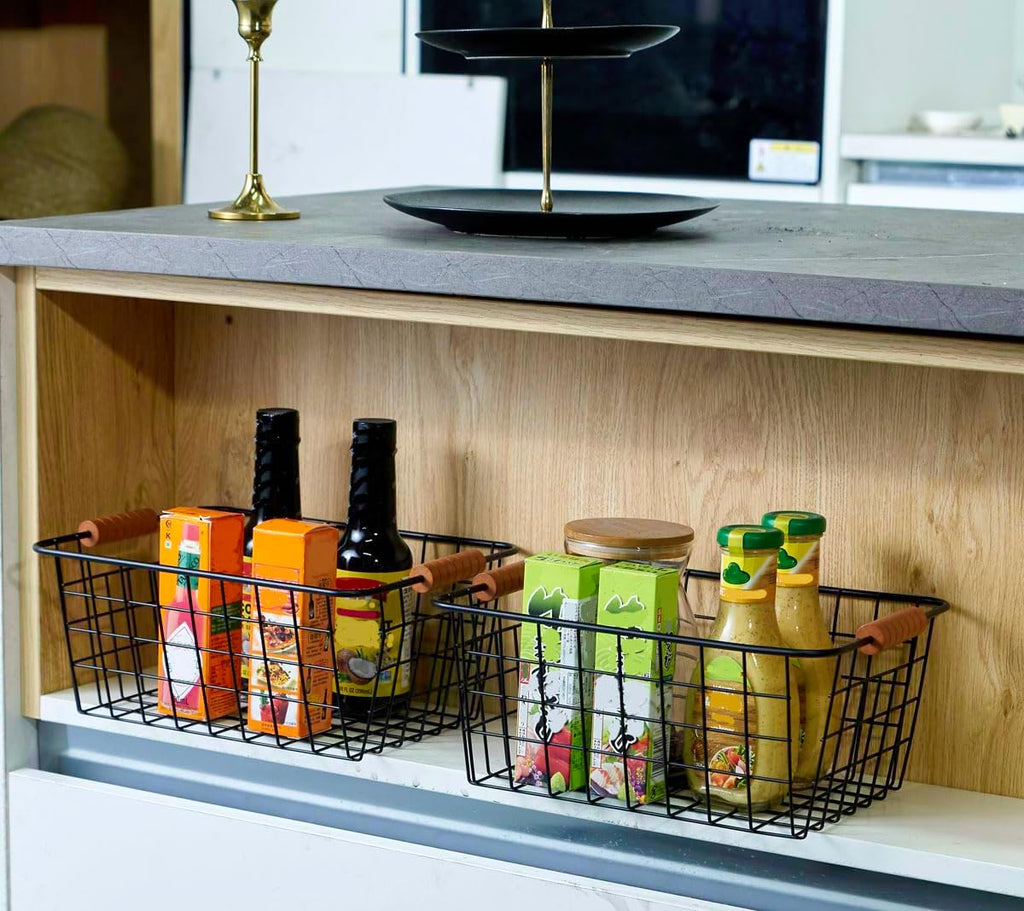 JUNCHU CHERRY Wire Kitchen Storage Basket 2 Packs,Perfect Pantry Organization Accessories Baskets,Laundry Basket,With a Wooden handle,Suitable for Kitchen,Bathroom,Bedroom,Tabletop,Stackable,Black
