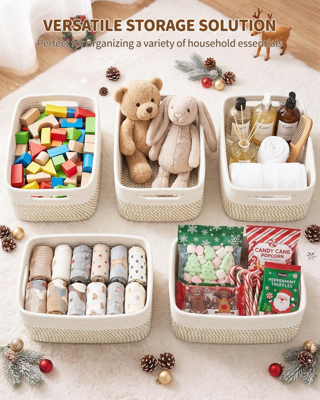 5 Decorative Small Woven Storage Basket Containers with Handles