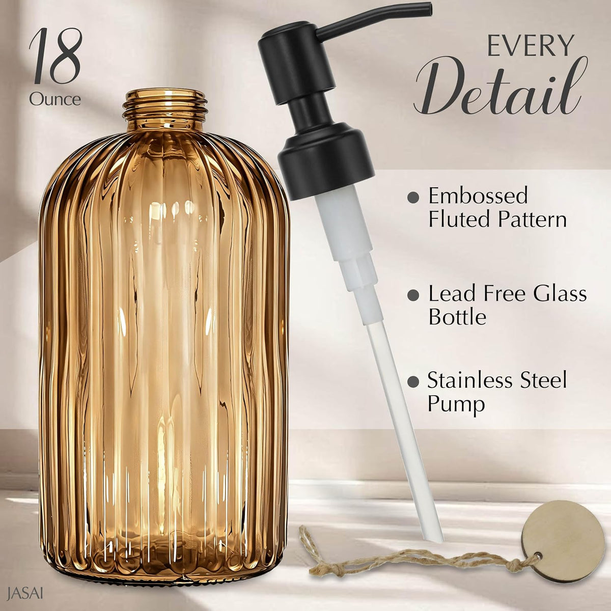 JASAI 18Oz Amber Glass Soap Dispenser with Black Pump for Hand Soap