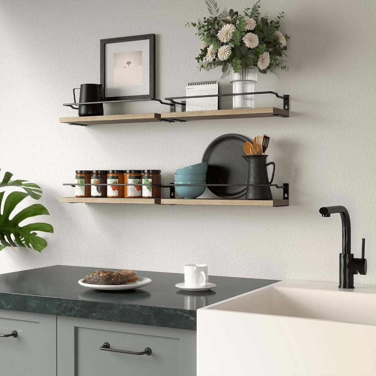 RICHER HOUSE 4-Piece Bathroom Paulownia Wood Shelves Set, Wall Mounted, Protected Guardrail, 20 lbs Weight Capacity - Carbonized Black