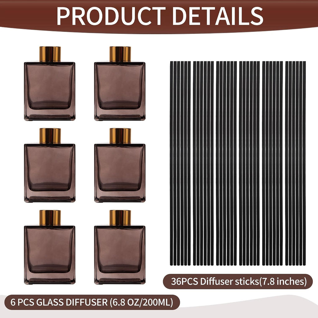 6 Pack Perfume Reed Diffuser Bottle,Empty Square Essential Oil Bottles Glass Jar with Black Sticks for DIY Fragrance Replacement Diffuser Sets (200ml/6.8 oz, Brown Color)