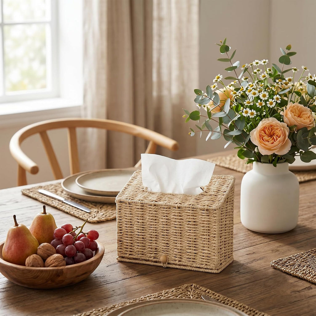 PINXIURY Hand Towel Box Cover,Paper Rope Wicker Tissue Holder for Kleenex Hand Towels,Hand Towel Holder,Slant-Top Paper Rope Tissue Box for Bathroom,Kitchen and Bedroom,Off White