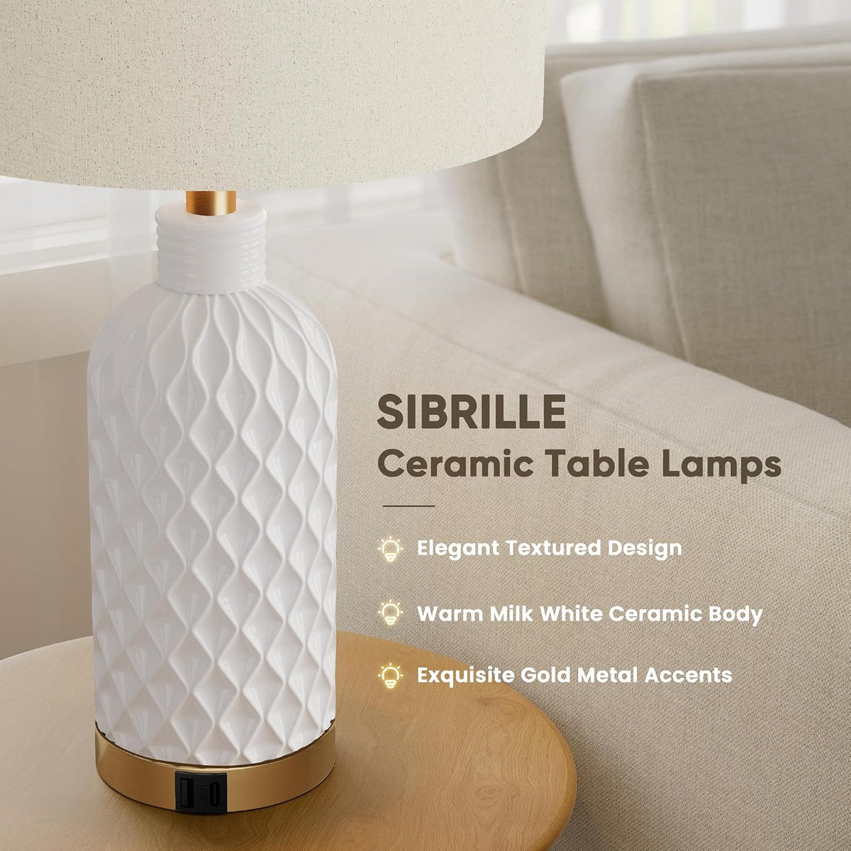 SIBRILLE 25" Ceramic Table Lamps Set of 2, White, USB-C/USB-A & AC Outlet