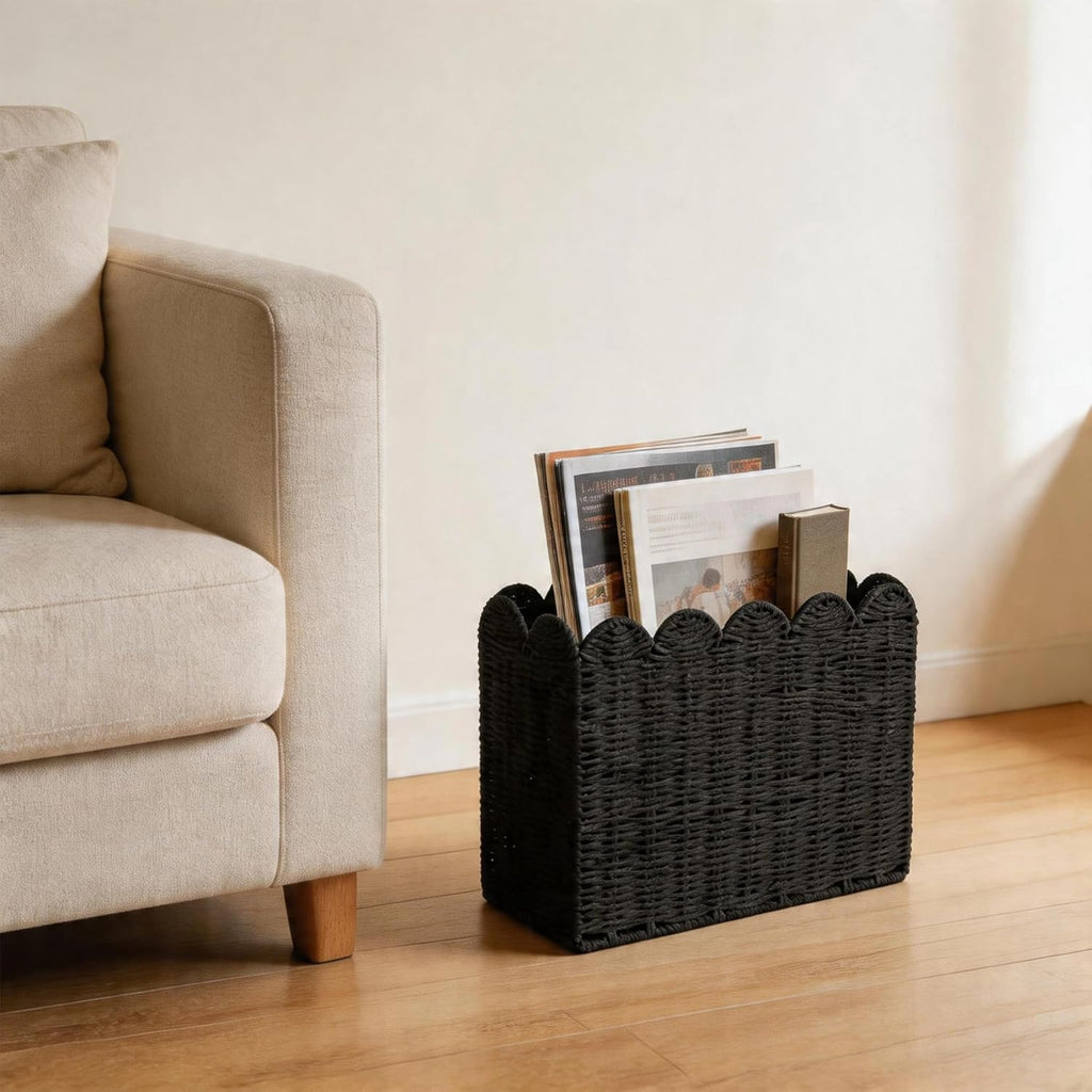 Black Paper Rope Magazine Holder, Scalloped Magazine Basket