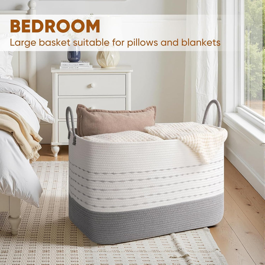 OIASKET XXL Large Blanket Basket for Living Room, 108L Woven Storage Baskets for Organizing, Rectangle Cotton Rope Basket Toy Chest With Handles-Grey & White