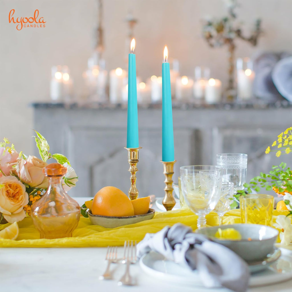 Hyoola Tall Taper Candles - 10 Inch Turquoise Dripless, Unscented Dinner Candle, Paraffin Wax with Cotton Wicks - 8 Hour Burn Time, Blue (Pack of 12)